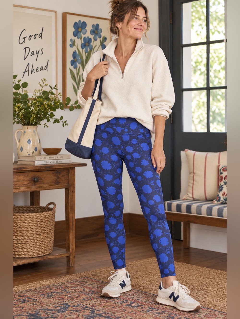 Boden Womens Legging Sz 4 Persian Blue Leafy Bud Floral High Waist Yoga Athletic